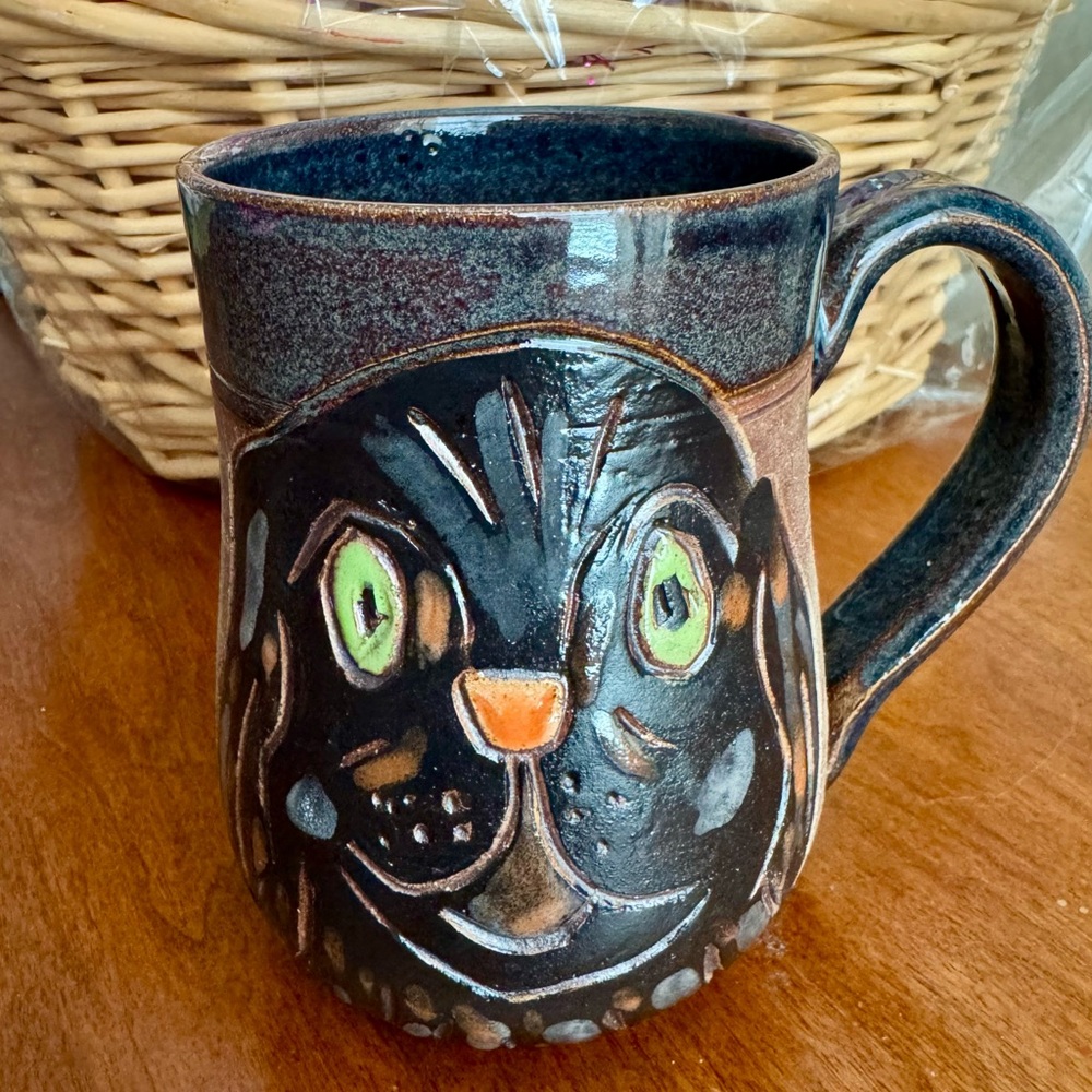 Handmade Black Dog Ceramic Mug with Green Eyes